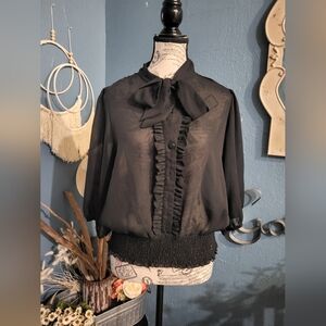 Chic Black Ruffled Blouse with Bow Tie